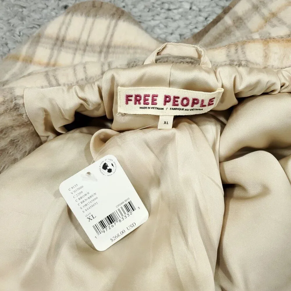 Free People Highlands Wool Plaid Double Breasted Peacoat Brown Size XL Oversized